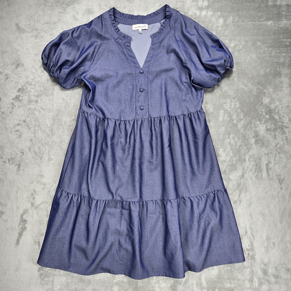 Love Blossom Blue Tiered Midi Dress Size Medium Puff Sleeves